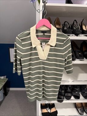 Talbots Olive Green & Cream Striped Knit Polo